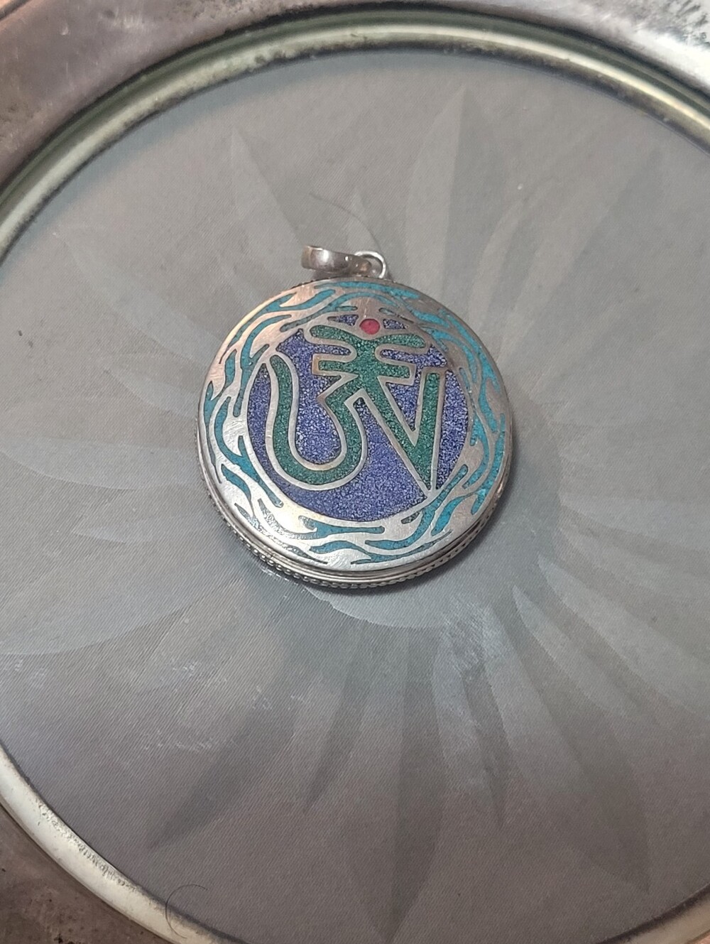 Silver Sterling Blue Enamel OM Symbol Pendant Necklace